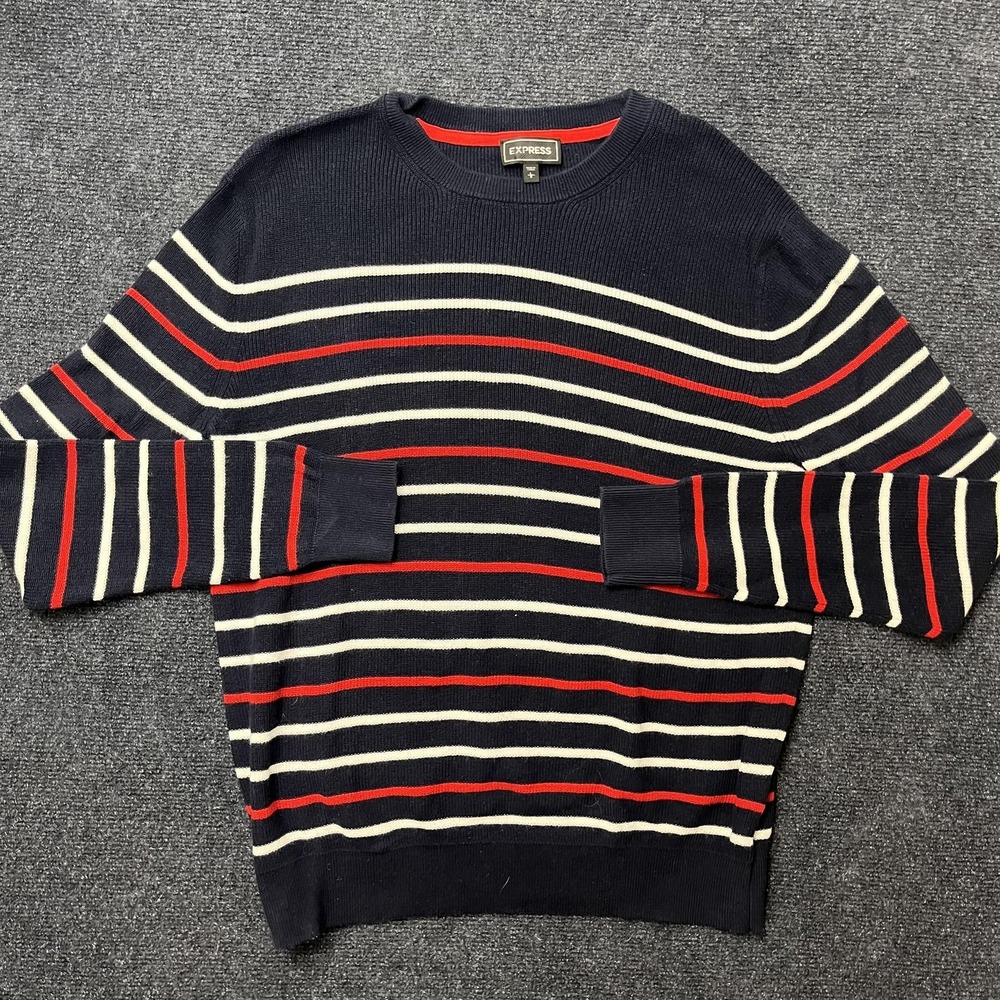 Express Sweater Mens Large Blue Striped 100% Cotton Crewneck Knit Pullover